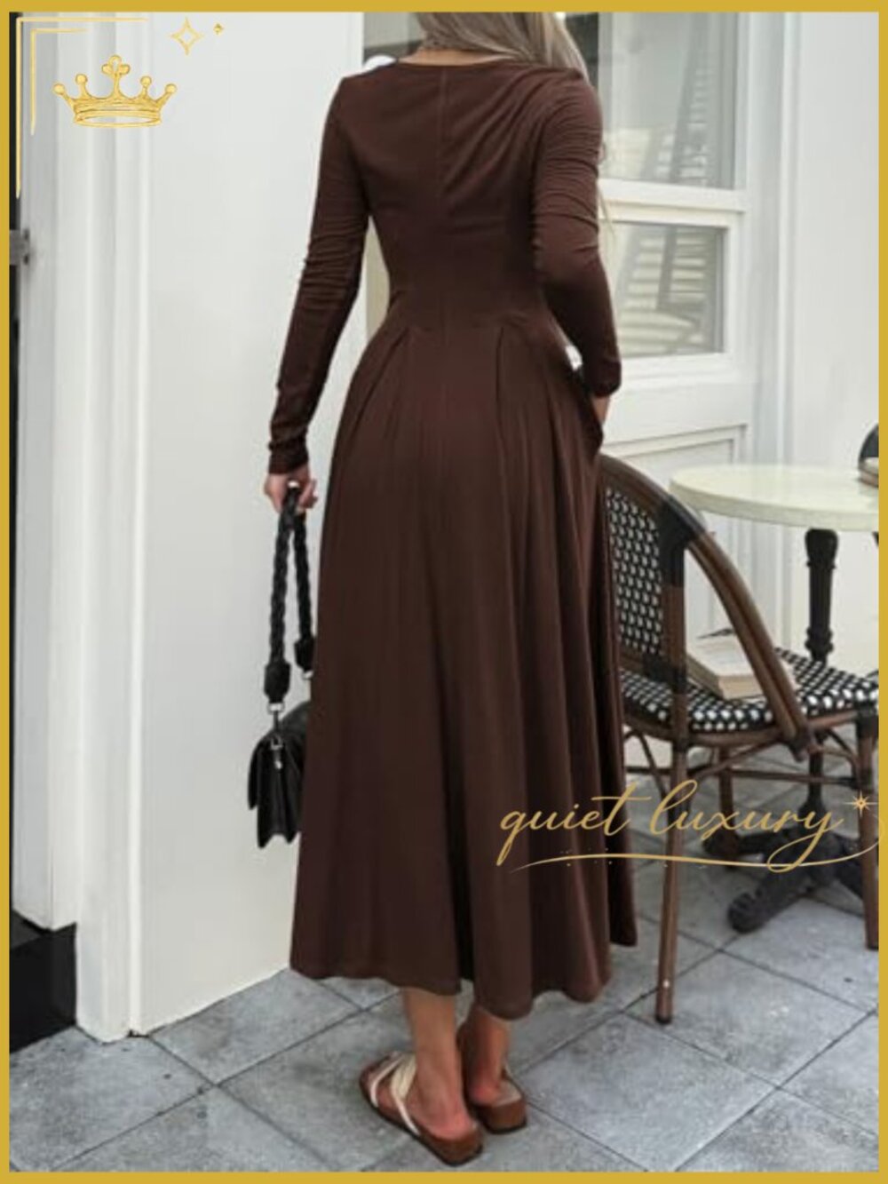 Women Long Sleeve Square Neck Maxi Dress A-Line Pleated Flowy with Pockets - Picture 5 of 6